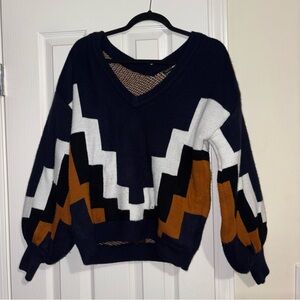 Fashion Nova V-Neck Sweater - Navy, White, and Brown